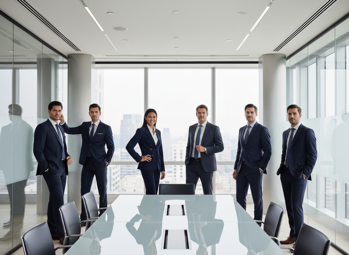 Wide cinematic photo of diverse professionals in tailored business suits in a modern bright corporate office with floor-to-ceiling windows, natural light, glass and steel architecture, confident poses, professional and luxurious atmosphere, muted navy and white tones, high-end editorial quality
