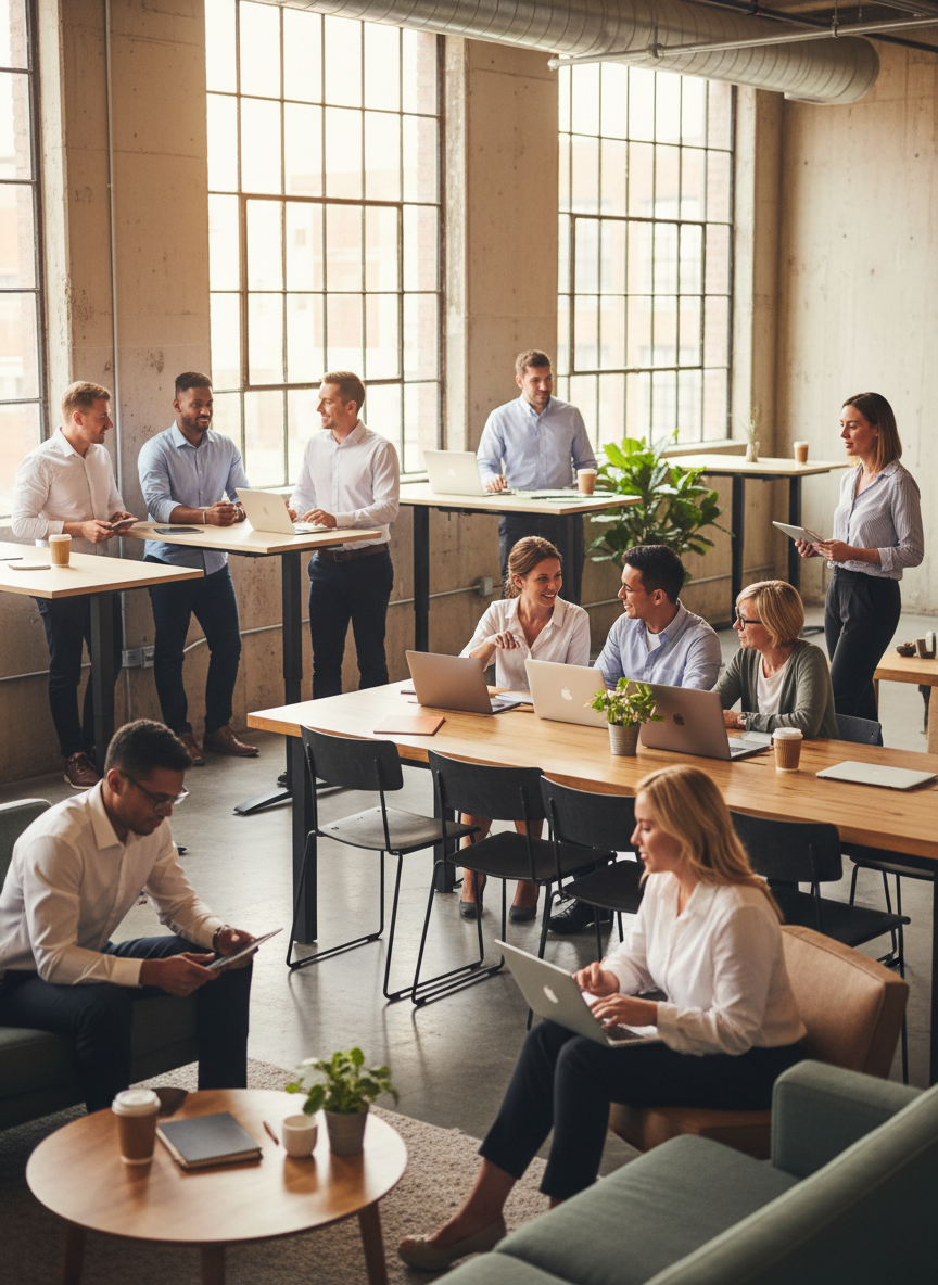 Diverse people networking and working in a modern workspace