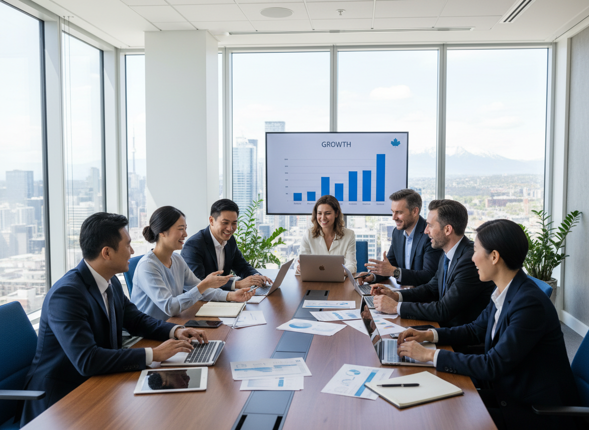 Diverse group of professionals in a modern meeting room, collaborating around a table with laptops and documents